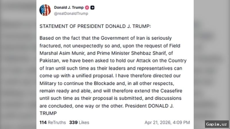 ⚖️🕊️ Trump Eron bilan sulhni uzaytirdi, muzokaralar davom etmoqda