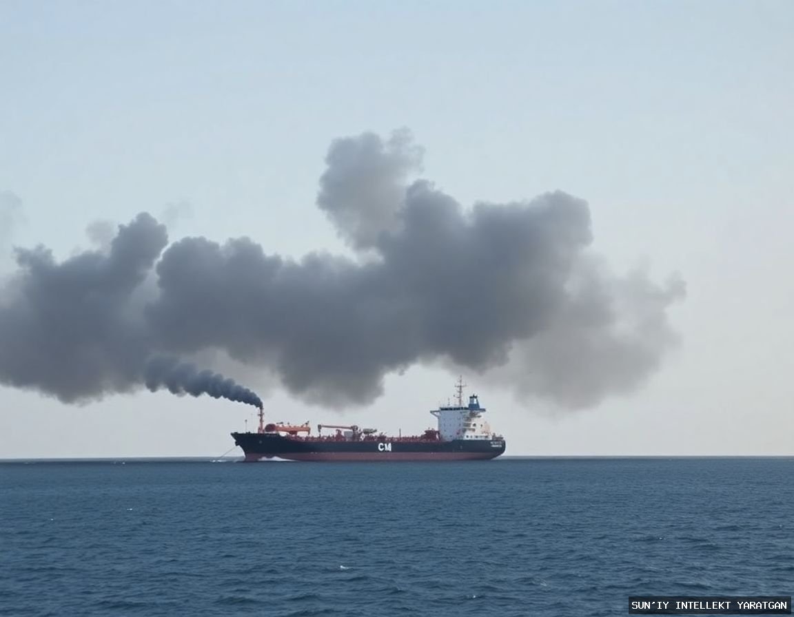 Черный дым валит из нефтяного танкера вблизи Ормузского пролива